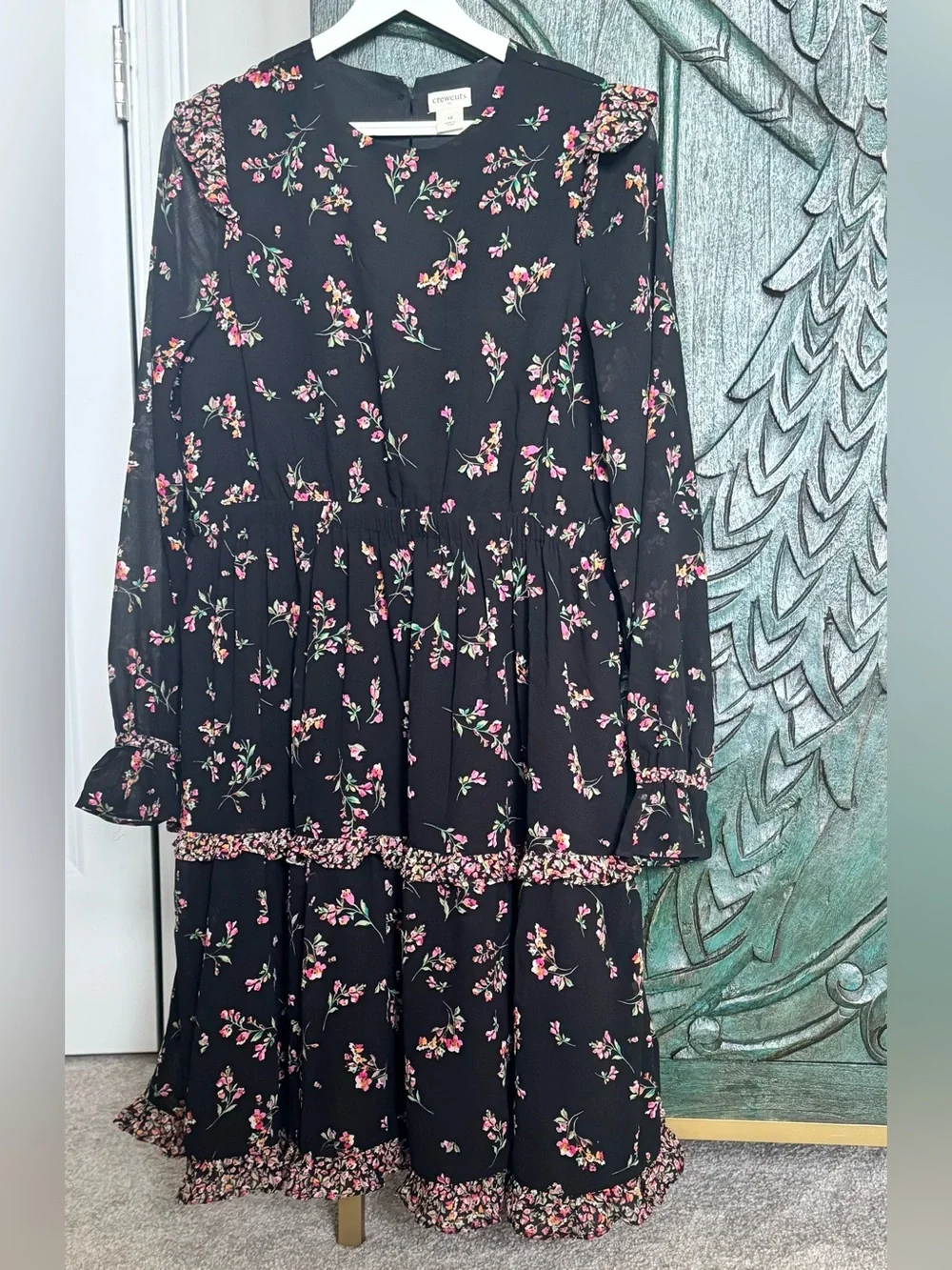 Crewcuts Black Dress with Pink & Green Floral Sprigs
